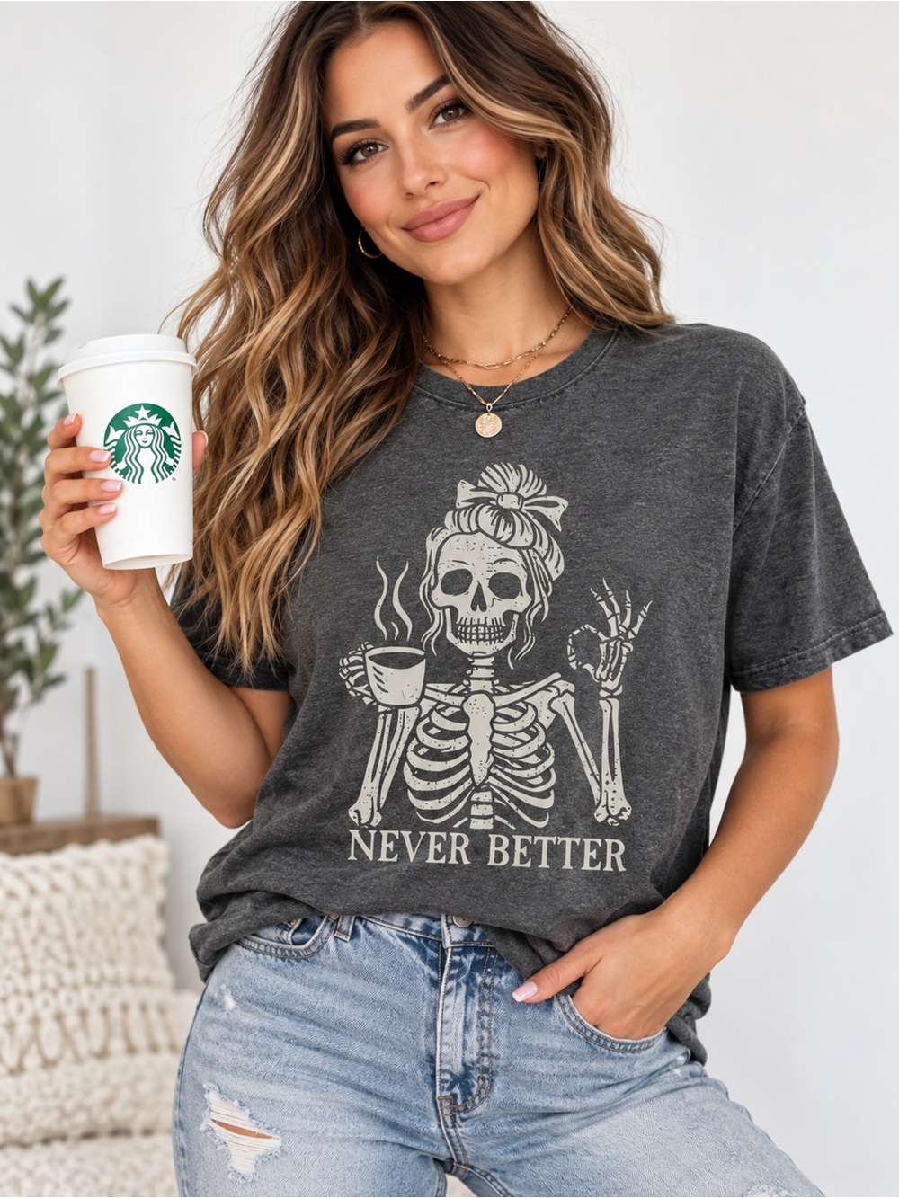 Never Better Skeleton Coffee Graphic Tee – Sizes L & XL
